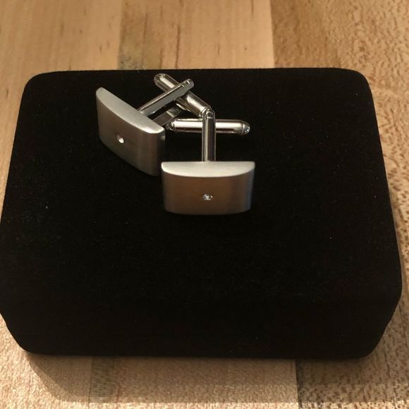 Brushed Silver Cuff Links, Bullet Back with Diamond-like Stone, NWOT - Picture 3 of 4